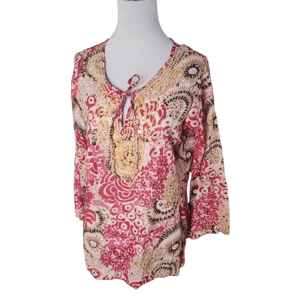 JASMINE Vibrant Abstract Y2K Sequins Pearl Style Boho Shirt Size Small